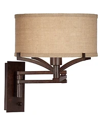 Franklin Iron Works Tremont Rustic Farmhouse Swing Arm Wall Lamp Bronze Plug-in Light Fixture Tan Burlap Drum Shade for Bedroom Bedside Living Room