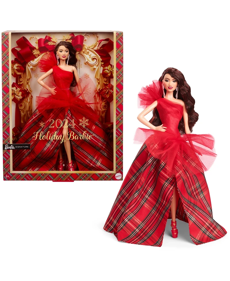 Barbie Signature 2024 Holiday Barbie Fashion Doll, Seasonal Collector Gift, Dark Brown Hair with Plaid Gown