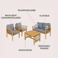 Jonathan Y Everly 4-Piece Modern Cottage Acacia Wood Outdoor Patio Set with Cushions and Tropical Decorative Pillows, Gray/Teak Brown