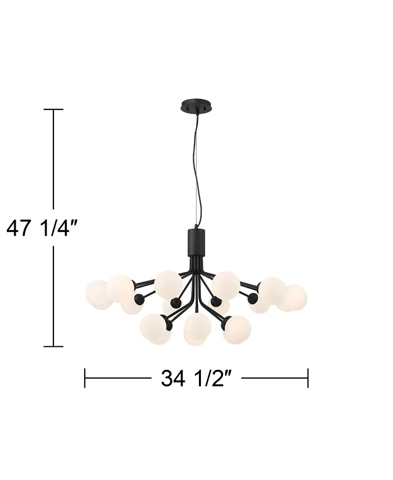 Possini Euro Design Davina Black Hanging Sputnik Chandelier Lighting 34 1/2" Wide Mid Century Modern Led Frosted White Globe Shades 18-Light Fixture f