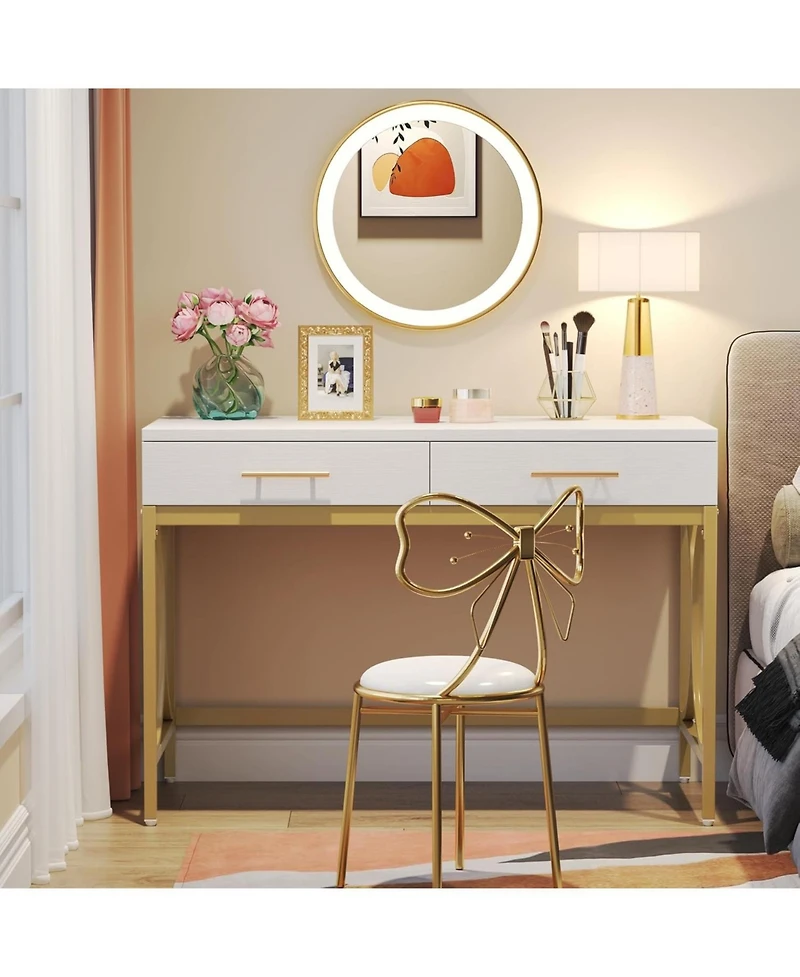 Tribesigns Modern Computer Desk with 2 Drawers, 41 Inches Study Writing Office Desk, Makeup Vanity Table Desk with Gold Metal Frame, White & Gold