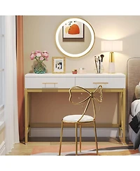 Tribesigns Modern Computer Desk with 2 Drawers, 41 Inches Study Writing Office Desk, Makeup Vanity Table Desk with Gold Metal Frame, White & Gold