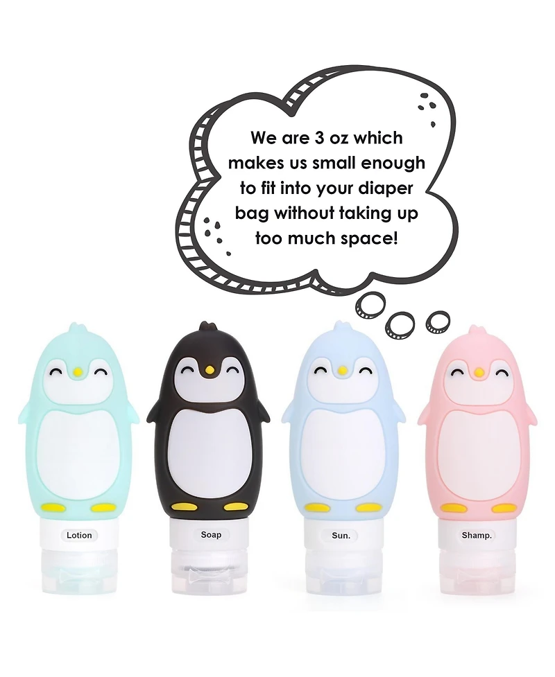 Kanga Care Travel Buddiez - Penguin Family (4 pack) Multicolored 3oz Silicone Reusable Bottles