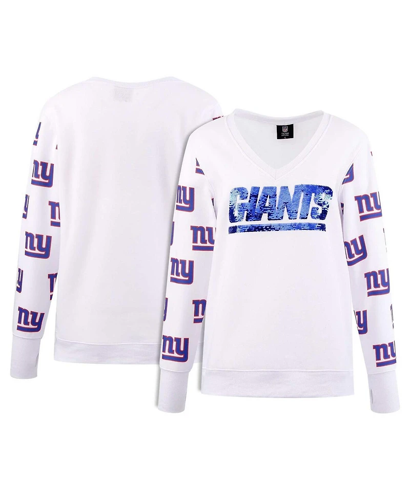 Cuce Women's White New York Giants Sequin Fleece V-Neck T-Shirt