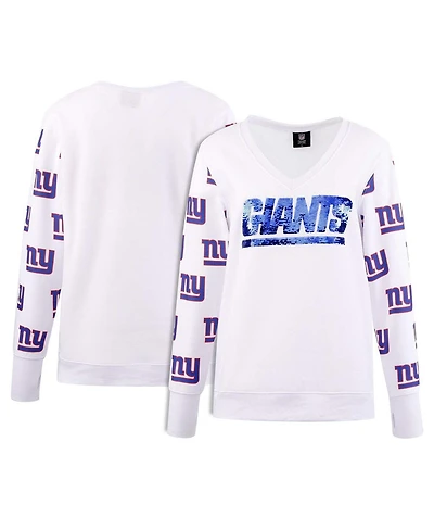 Cuce Women's White New York Giants Sequin Fleece V-Neck T-Shirt