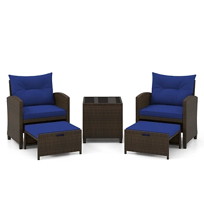 5 Pieces Patio Rattan Furniture with 2 Ottomans and Tempered Glass Coffee Table