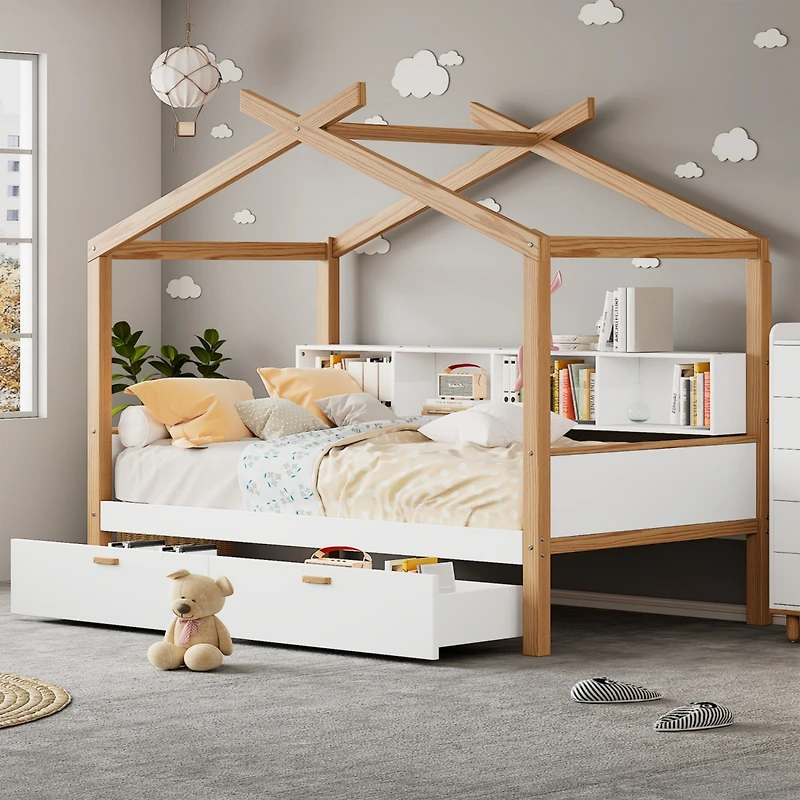 Streamdale Whimsical House Bed with Drawers and Bookshelves