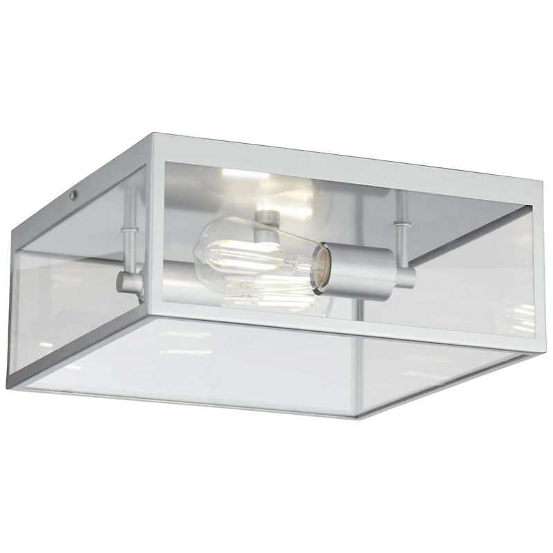 John Timberland Union Modern Farmhouse Indoor-Outdoor Flush-Mount Ceiling Light Fixture 12" Matte Silver Nickel Clear Glass Panels Square Exterior Hou