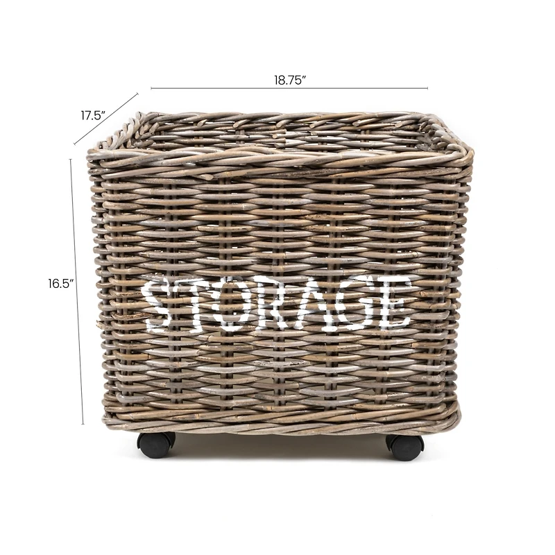 Jonathan Y Yael Coastal Hand-Woven "Storage" Rattan Basket with Wheels and Handles, Kubu Gray