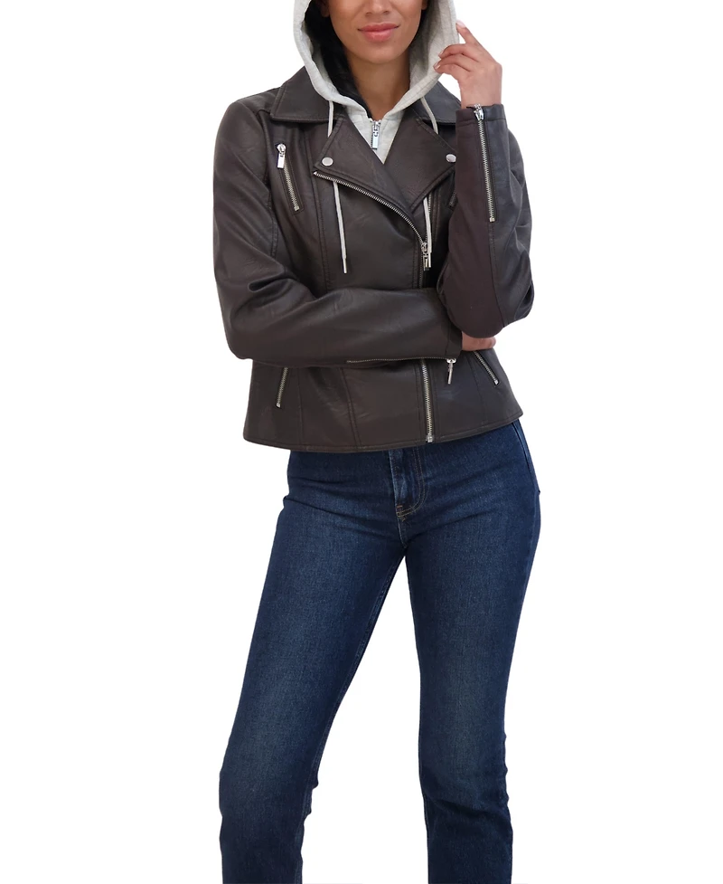 Sebby Collection Women's Faux Leather Biker Jacket With Removeable Hood Bib