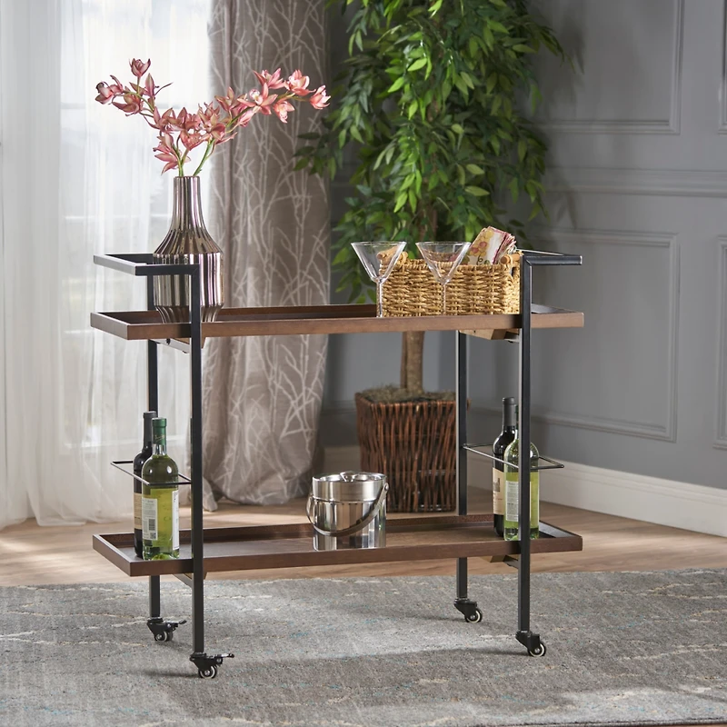 Simplie Fun Modern Industrial Bar Cart With Shelving, Bottle Holders, And Rolling Casters