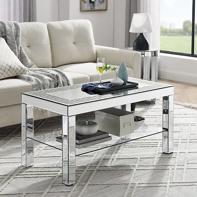 Simplie Fun Art Deco Mirror Coffee Table: Silver Mirror Glass with Diamond Edge Frame