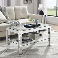 Simplie Fun Art Deco Mirror Coffee Table: Silver Mirror Glass with Diamond Edge Frame