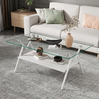 Streamdale Furniture Modern Glass Coffee Table with White Metal Legs