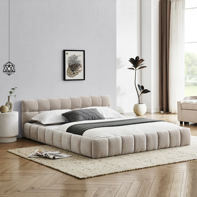 Streamdale Queen Size Upholstered Platform Bed with Chenille Fabric Headboard