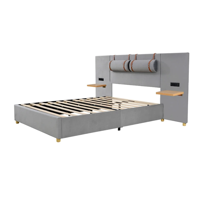Streamdale Queen Bed with Outlets, Pillows, Shelves, Velvet