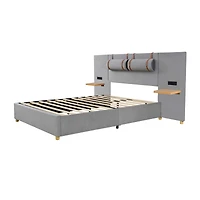 Streamdale Queen Bed with Outlets, Pillows, Shelves, Velvet