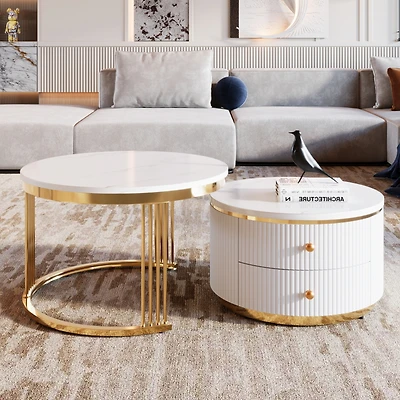 Streamdale Modern 2-Piece White Round Nesting Coffee Table with Drawers