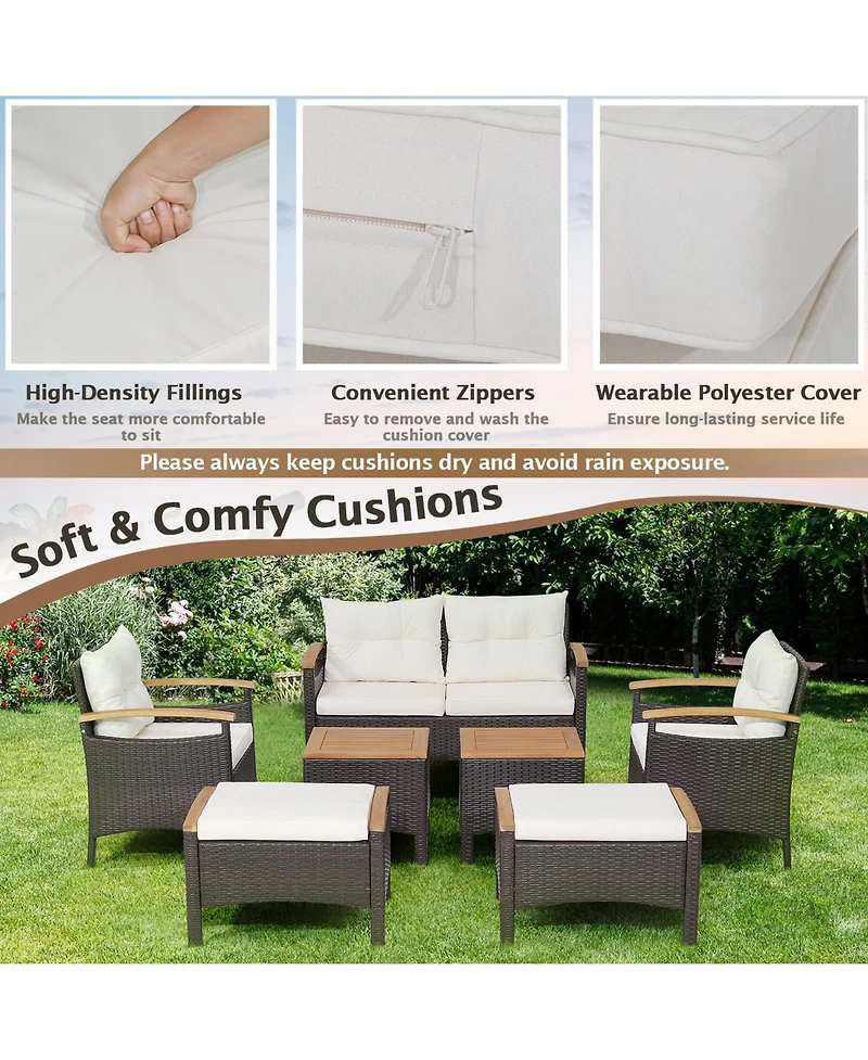 Sugift 7 Piece Rattan Patio Sofa Set with Acacia Wood Tabletop and Armrests