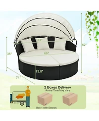 Sugift Clamshell Patio Round Daybed Wicker with Retractable Canopy and Pillows