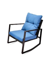 Simplie Fun 3-Piece Outdoor Bistro Set: Rocking Chairs with Blue Cushions