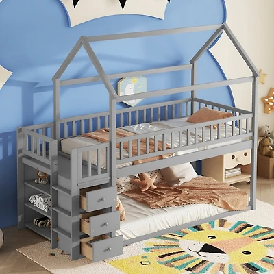 Simplie Fun Twin House Bunk Bed with Storage and Play Area in Gray