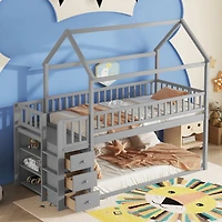 Simplie Fun Twin House Bunk Bed with Storage and Play Area in Gray