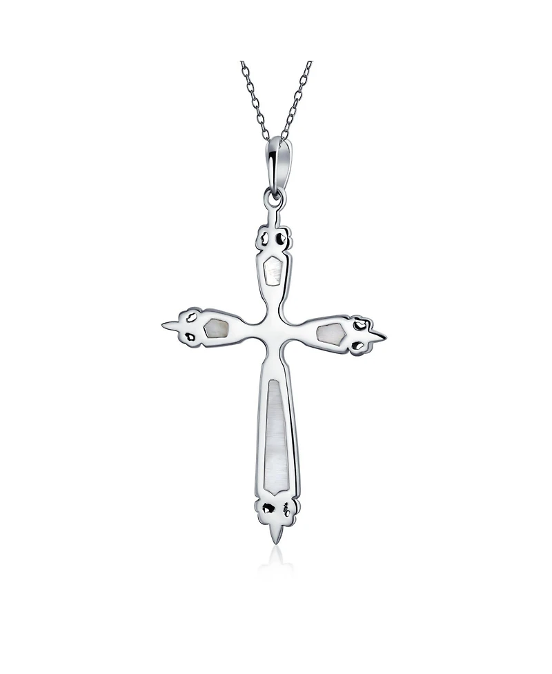 Bling Jewelry Western Style Spiritual Religious Blue Natural Turquoise Fleur De Lis Cross Pendant Necklace Oxidized Sterling Silver