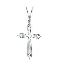 Bling Jewelry Western Style Spiritual Religious Blue Natural Turquoise Fleur De Lis Cross Pendant Necklace Oxidized Sterling Silver