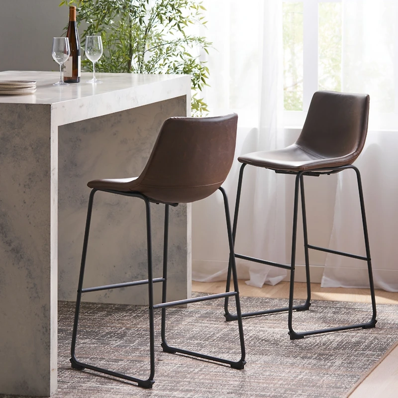 Streamdale Set Of 2 Vintage Brown 30" Faux Leather Barstools