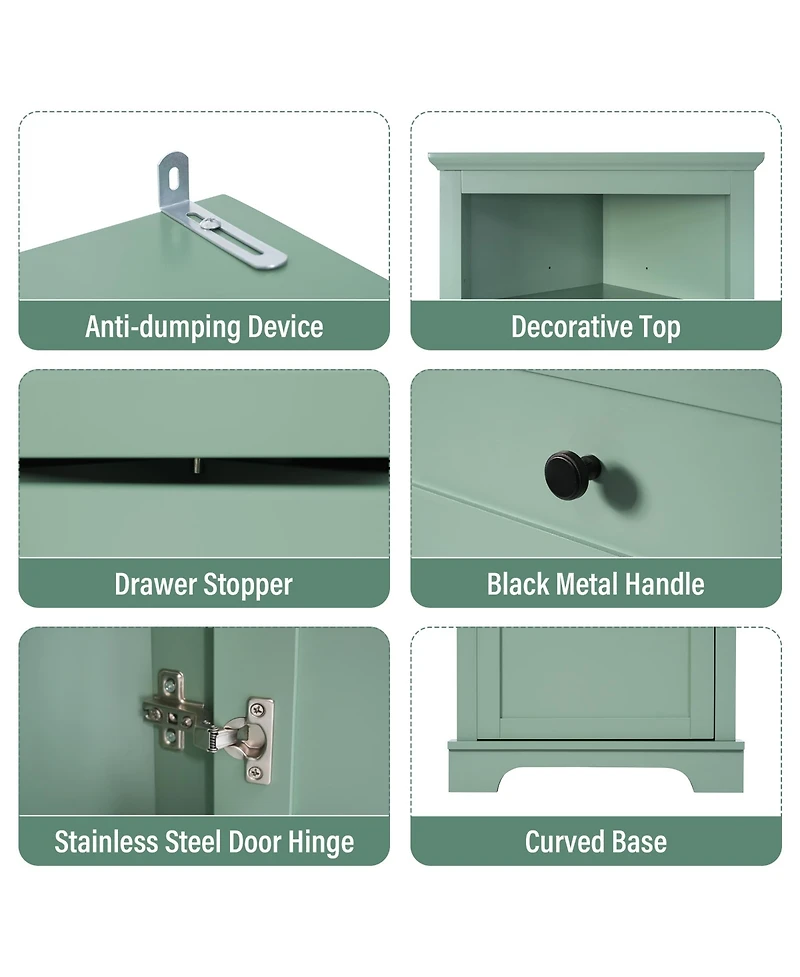 Streamdale Green Triangle Corner Cabinet with Adjustable Shelves & Drawers