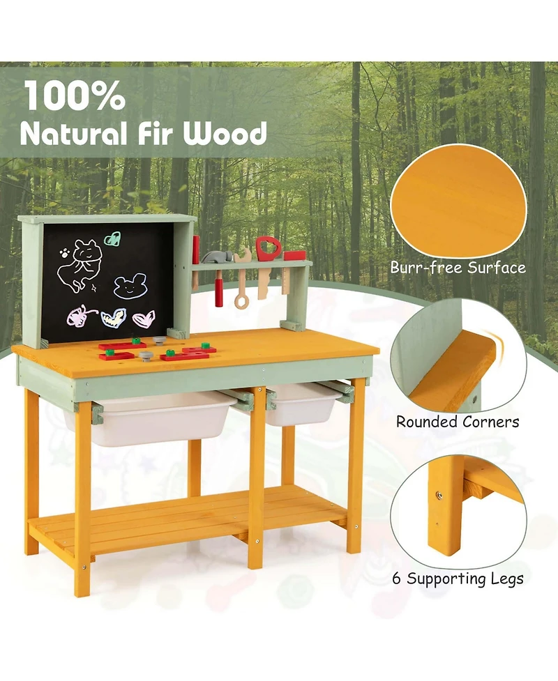 Kids Wooden Toy Workbench with Storage Space & Blackboard Tool Accessories for Boys