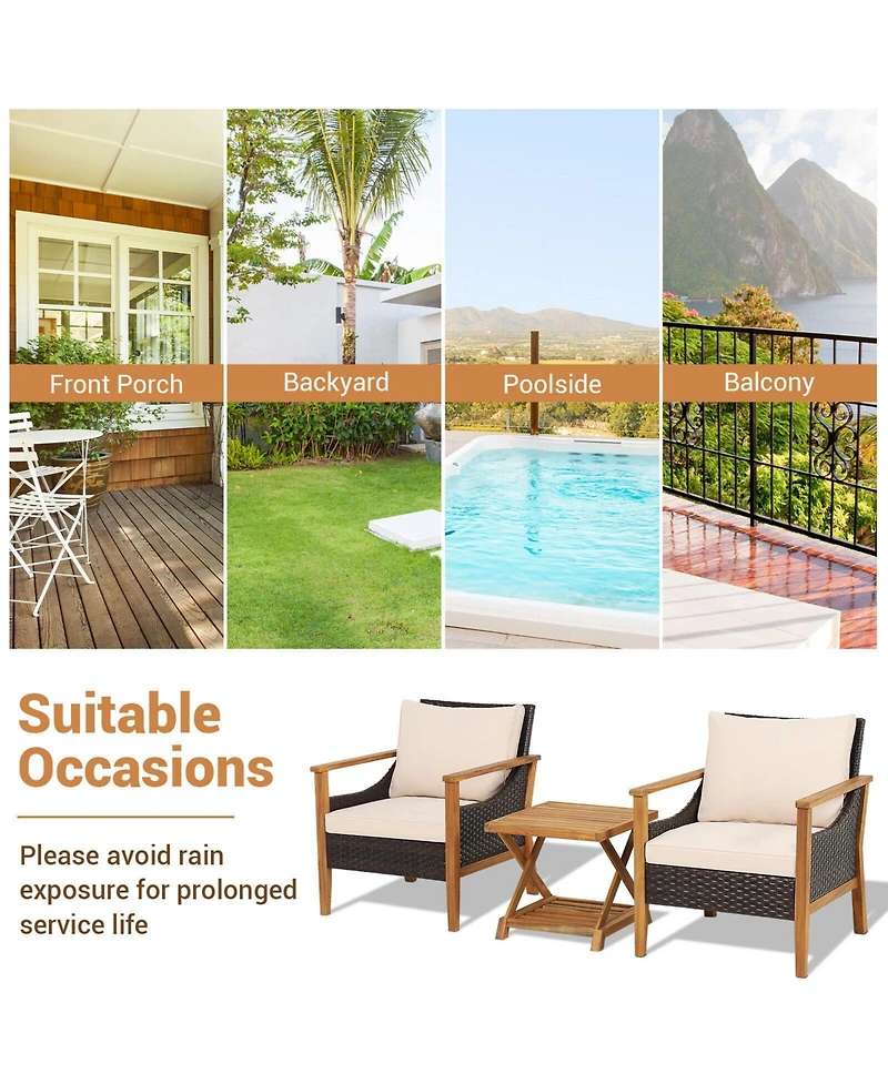 Slickblue 3 Pieces Patio Wicker Furniture Set with 2-Tier Side Table and Cushioned Armchairs