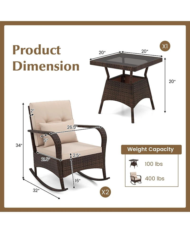 Slickblue 3 Piece Outdoor Rocking Set with Tempered Glass Coffee Table for Backyard Poolside