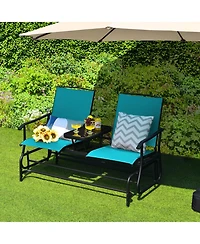 Slickblue 2-Person Double Rocking Loveseat with Mesh Fabric and Center Tempered Glass Table