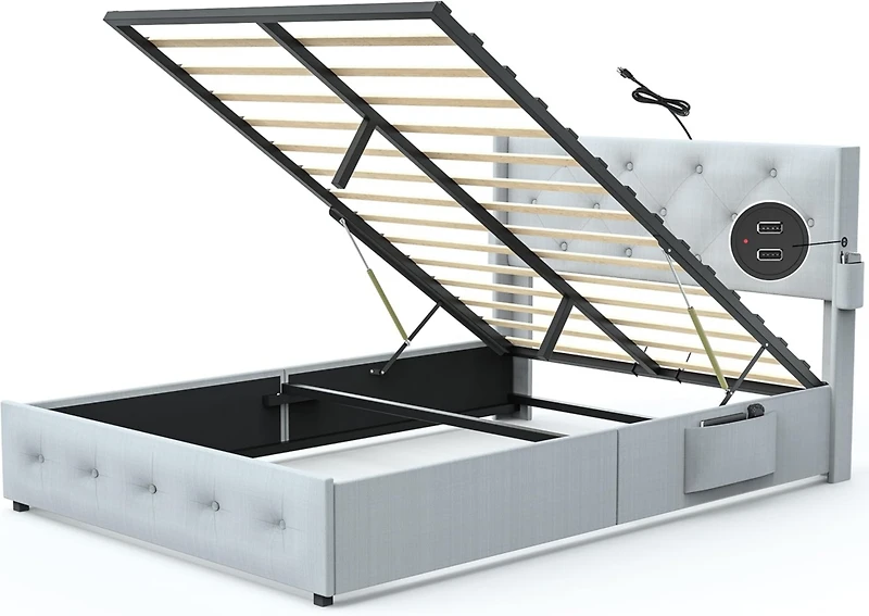 Simplie Fun Full-Size Bed Frame with Storage, Usb Ports, Modern Wingback Headboard