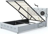 Simplie Fun Full-Size Bed Frame with Storage, Usb Ports, Modern Wingback Headboard