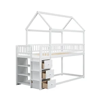Simplie Fun Twin House Bunk Bed with Shelves, Drawers, and Playful Roof Design