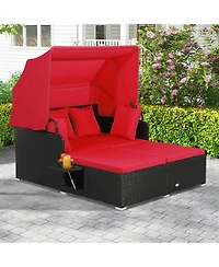 Slickblue Patio Rattan Daybed with Retractable Canopy and Side Tables-Red
