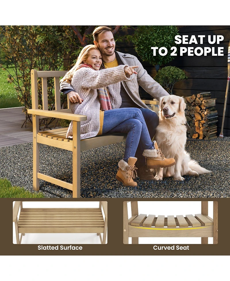 Slickblue Outdoor Indonesia Teak Wood Garden Bench 2-Person with Backrest and Armrests