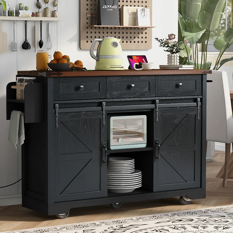 Big Black Wood Grain Farmhouse Kitchen Island with Power Outlet and Sliding Barn Doors
