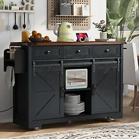 Big Black Wood Grain Farmhouse Kitchen Island with Power Outlet and Sliding Barn Doors