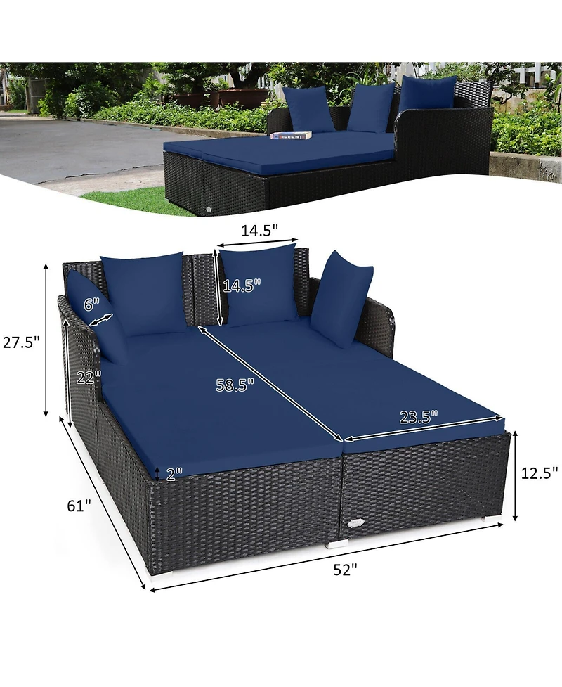 Skonyon Spacious Outdoor Rattan Daybed with Upholstered Cushions and Pillows