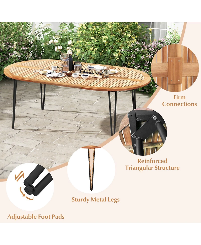 Slickblue 79 Inch Oval Patio Dining Table with Umbrella Hole and Acacia Wood Tabletop for 8 People