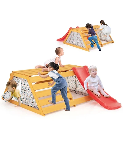 Costway 5-in-1 Indoor Jungle Gym Montessori Climbing Toys with Slide for Toddlers Wooden