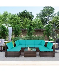 6 Pieces Patio Rattan Furniture Set with Cushions and Glass Coffee Table-Turquoise