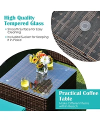 6 Pieces Patio Rattan Furniture Set with Cushions and Glass Coffee Table-Turquoise