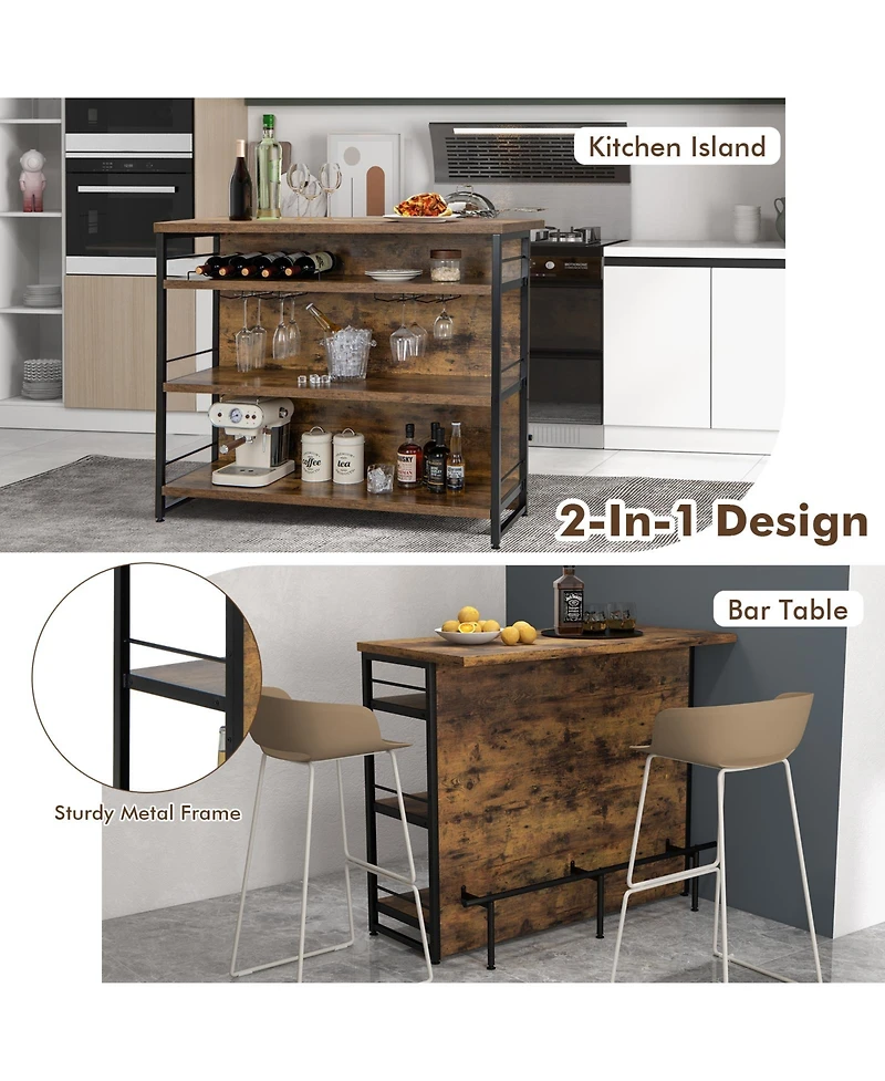 Kitchen Island with 4-Tier Storage Shelf and Long Footrest for Home-Rustic Brown