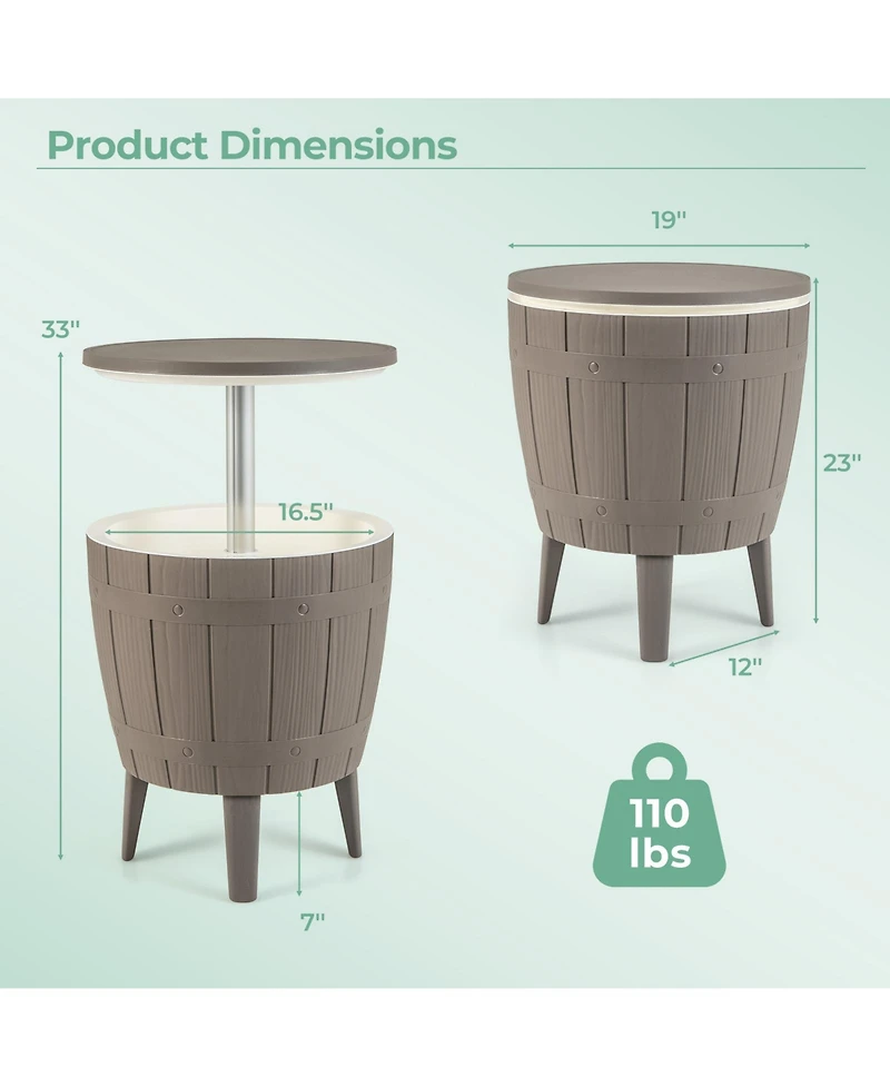 10 Gallon Cooler Bar Table Outdoor Coffee Table Ice Bucket with Telescopic Tabletop for Beer and Wine-Brown