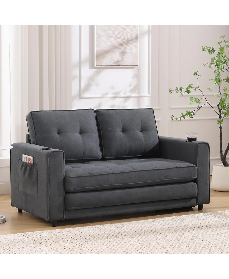 3-in-1 Tufted Futon Sofa Bed with Storage and Cup Holders